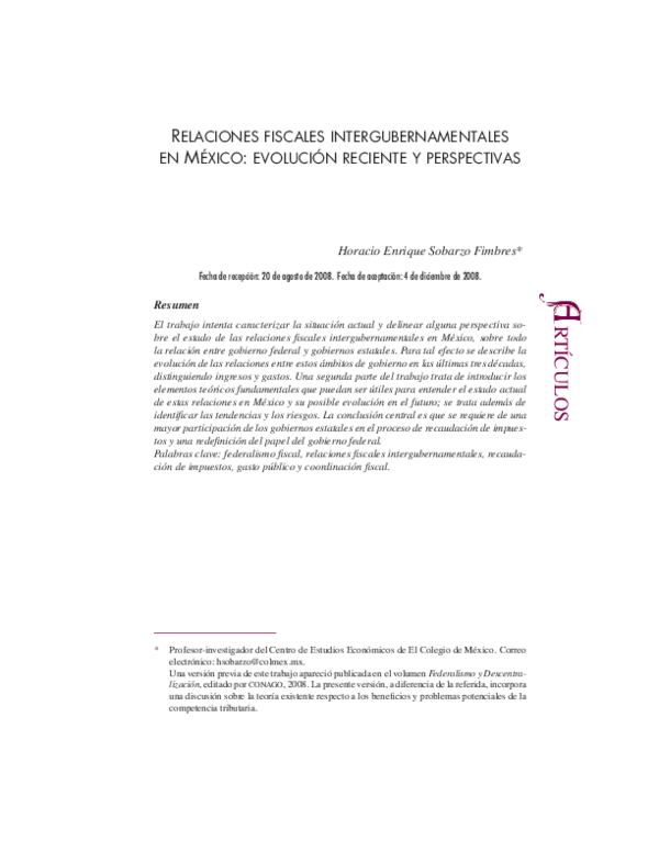 (PDF) Relaciones fiscales intergubernamentales en México: evolución ...