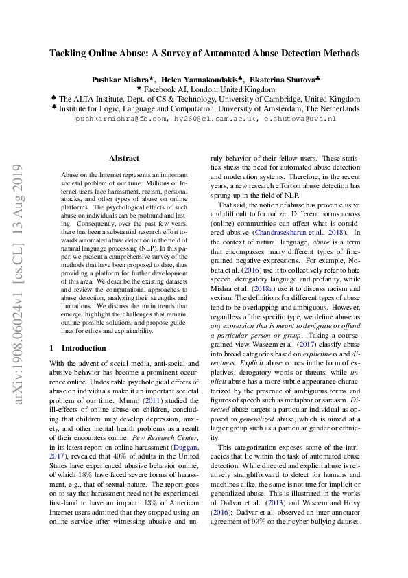 (PDF) Tackling Online Abuse: A Survey of Automated Abuse Detection Methods