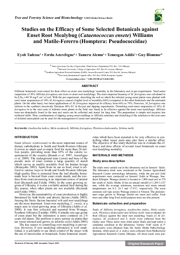 (PDF) Studies on the efficacy of some selected botanicals against enset ...