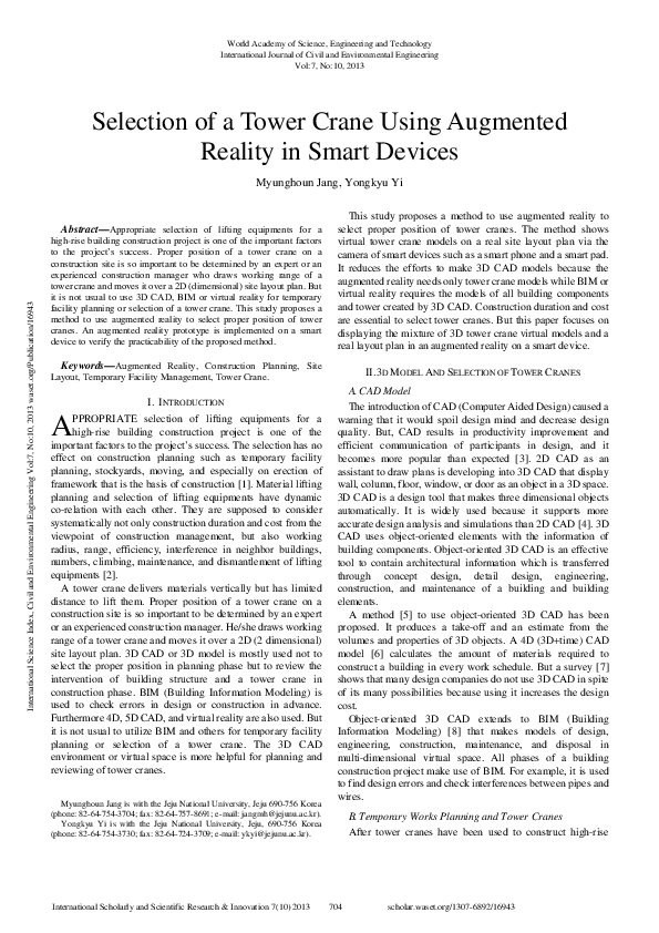 (PDF) Selection Of A Tower Crane Using Augmented Reality In Smart Devices