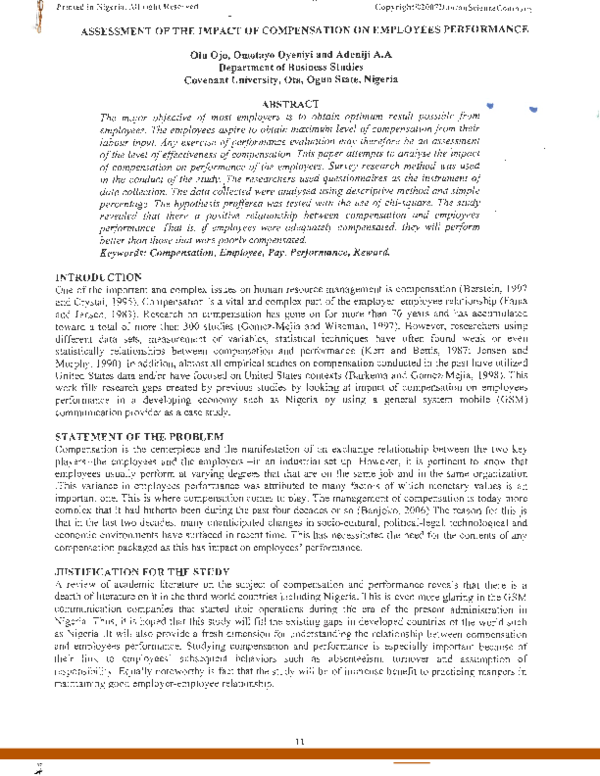 (PDF) Assessment of the Impact of Compensation on Employees Performance