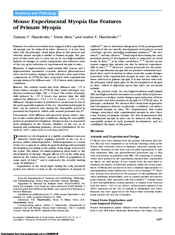 (PDF) Mouse Experimental Myopia Has Features of Primate Myopia