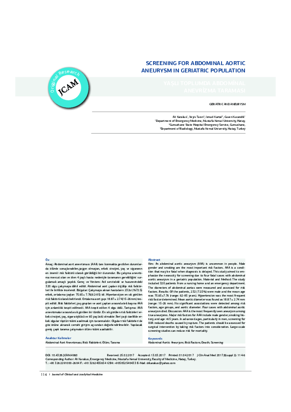 (PDF) Screening for Abdominal Aortic Aneurysm in Geriatric Population