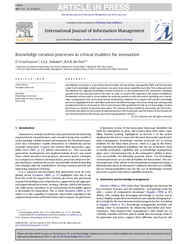 (PDF) Knowledge creation processes as critical enablers for innovation