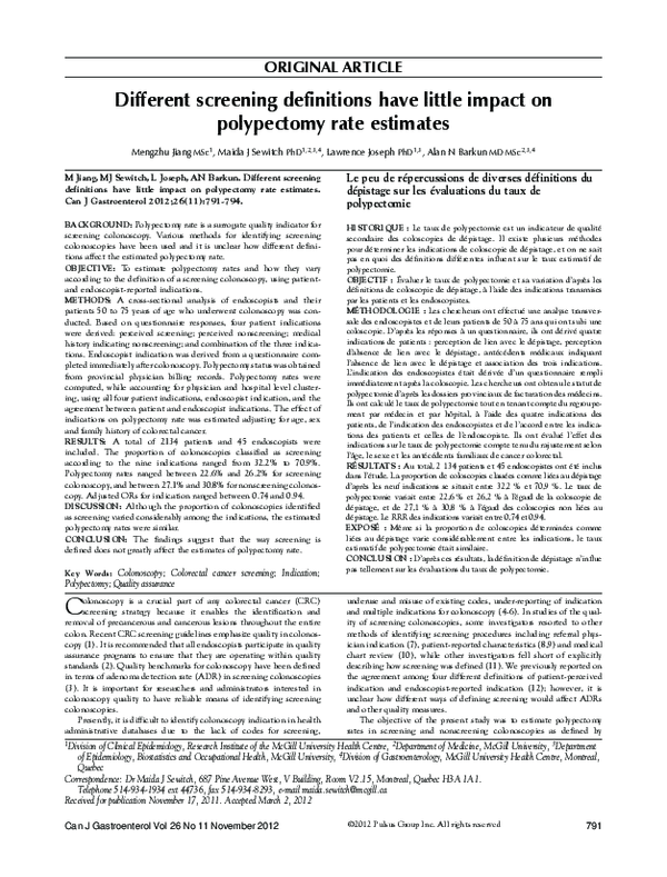 (PDF) Different Screening Definitions have Little Impact on Polypectomy ...