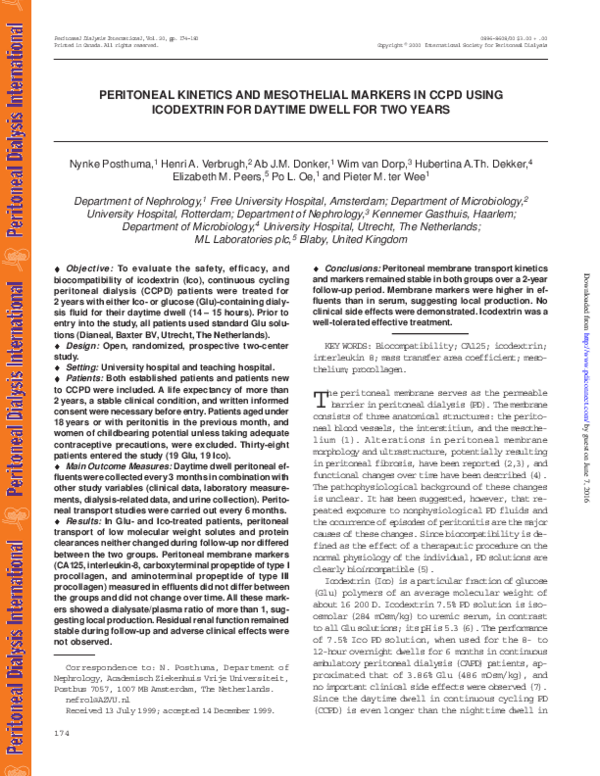 (PDF) Peritoneal Kinetics and Mesothelial Markers in CCPD Using ...