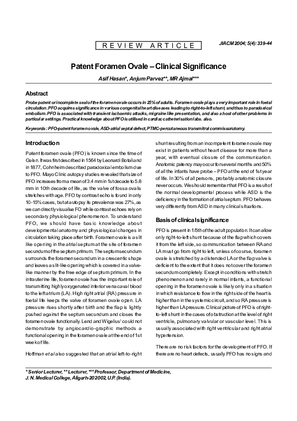 (PDF) Patent Foramen Ovale -Clinical Significance