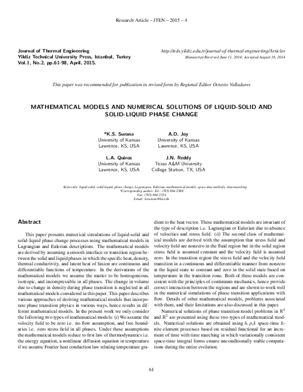 (PDF) Mathematical Models and Numerical Solutions of Liquid-Solid and ...