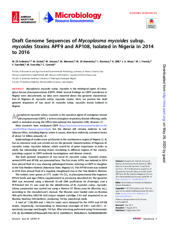 (PDF) Draft Genome Sequences of Mycoplasma mycoides subsp. mycoides ...