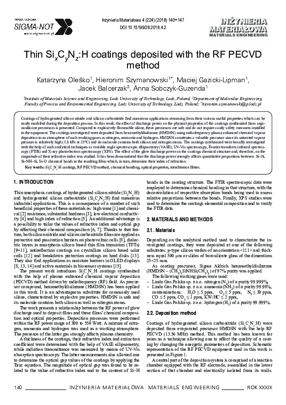 (PDF) Thin SixCyNz:H coatings deposited with the RF PECVD method