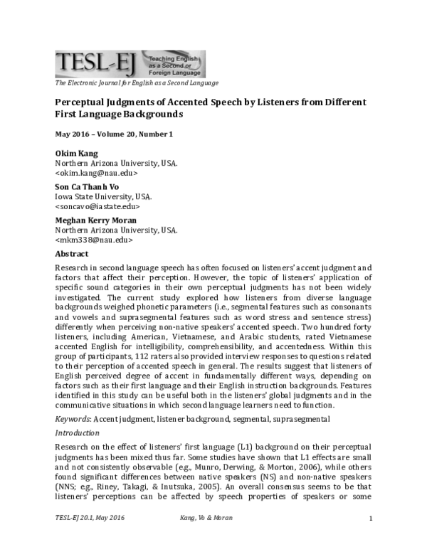 (PDF) Perceptual Judgments of Accented Speech by Listeners from ...