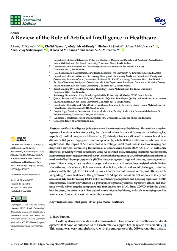 (PDF) A Review of the Role of Artificial Intelligence in Healthcare