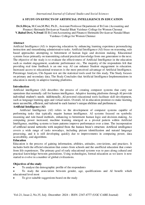 (PDF) A STUDY ON EFFECTS OF ARTIFICIAL INTELLIGENCE IN EDUCATION