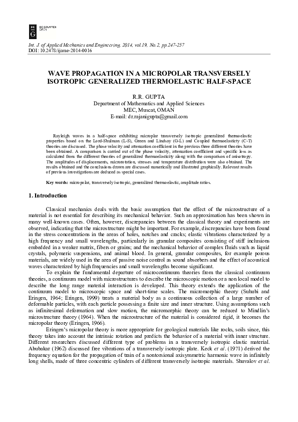 (PDF) Wave Propagation in a Micropolar Transversely Isotropic ...