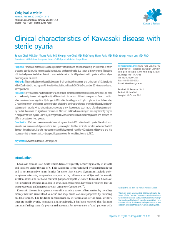 (PDF) Clinical characteristics of Kawasaki disease with sterile pyuria