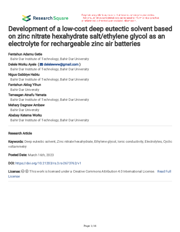 (PDF) Development of a low-cost deep eutectic solvent based on zinc ...