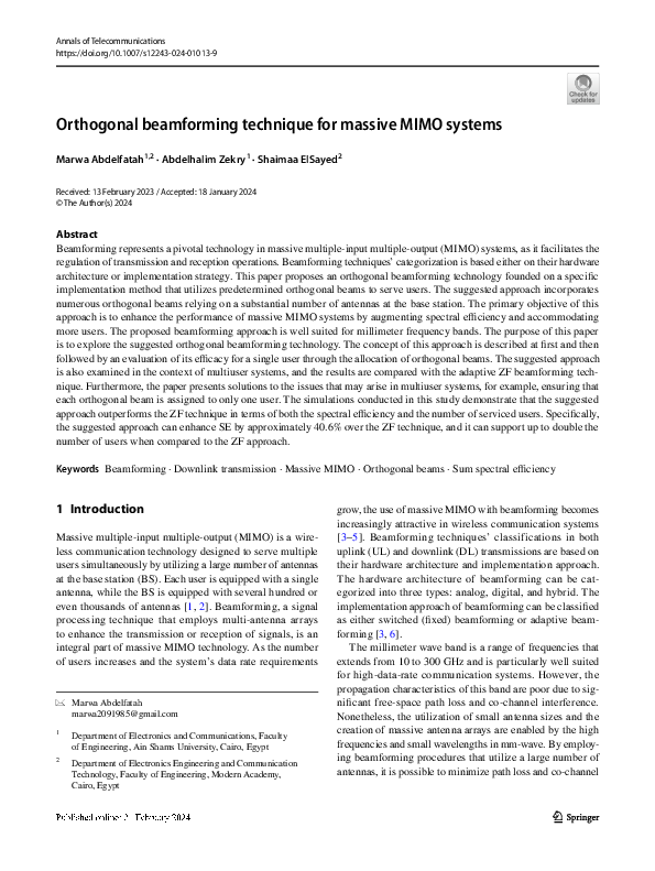 (PDF) Orthogonal beamforming technique for massive MIMO systems