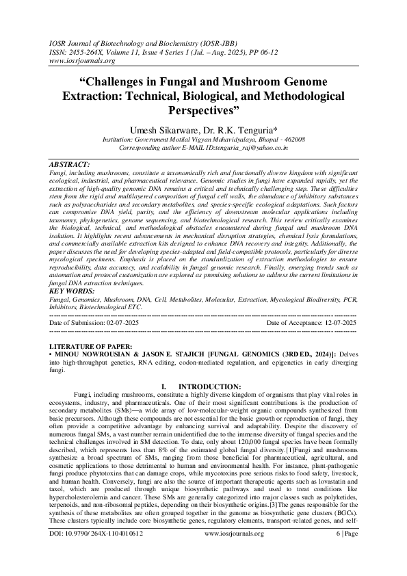 (PDF) "Challenges in Fungal and Mushroom Genome Extraction: Technical ...