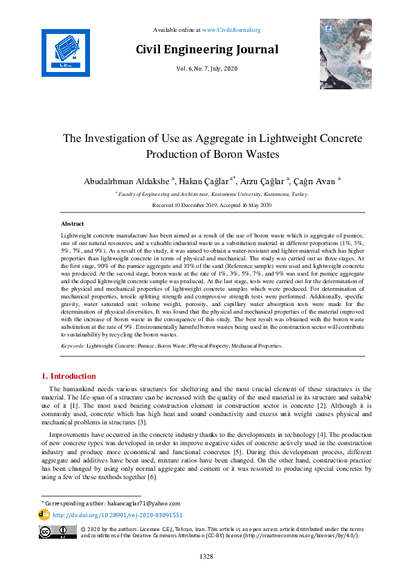 First page of “The Investigation of Use as Aggregate in Lightweight Concrete Production of Boron Wastes”