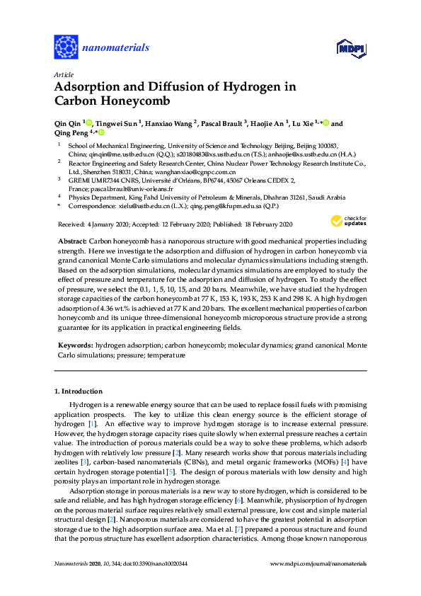 (PDF) Adsorption and Diffusion of Hydrogen in Carbon Honeycomb