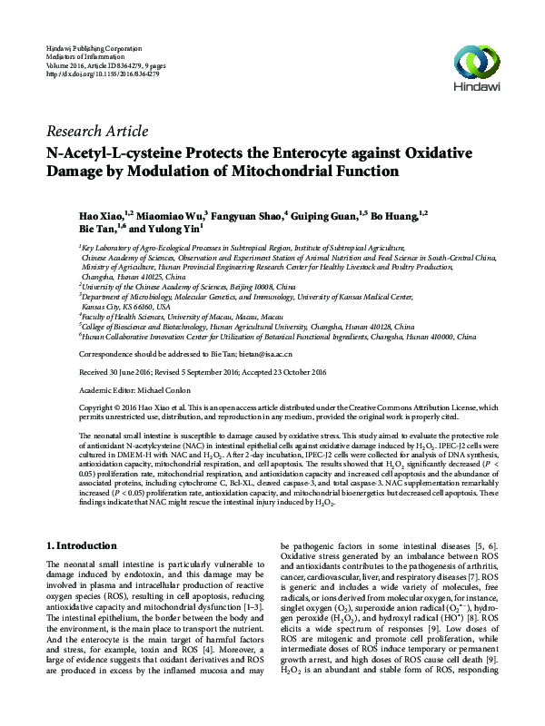 (PDF) N-Acetyl-L-cysteine Protects the Enterocyte against Oxidative ...