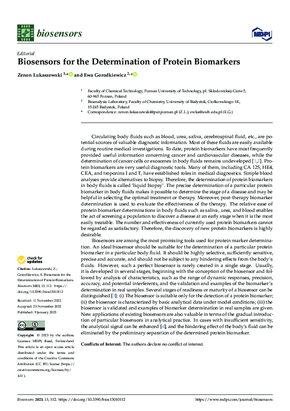 (PDF) Biosensors for the Determination of Protein Biomarkers