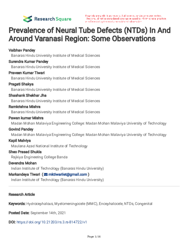 (PDF) Prevalence of Neural Tube Defects (NTDs) In And Around Varanasi ...