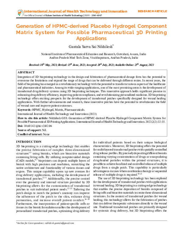 (PDF) Generation of HPMC-derived Placebo Hydrogel Component Matrix ...