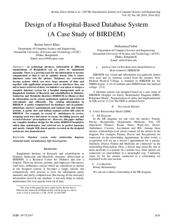 (PDF) Design of a Hospital-Based Database System (A Case Study of BIRDEM)