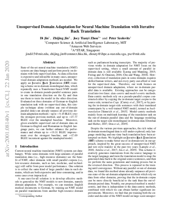 (PDF) Unsupervised Domain Adaptation for Neural Machine Translation ...