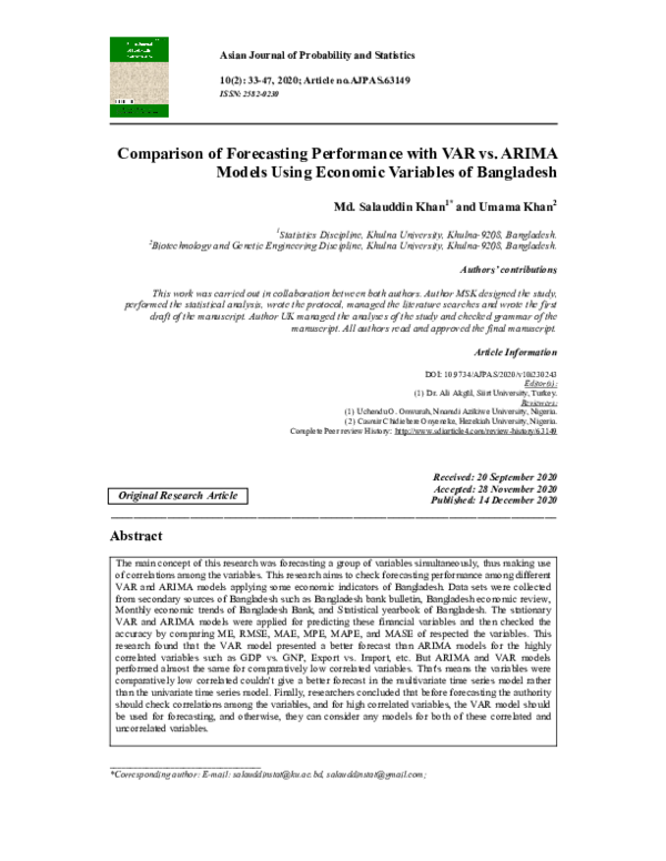 (PDF) Comparison of Forecasting Performance with VAR vs. ARIMA Models ...