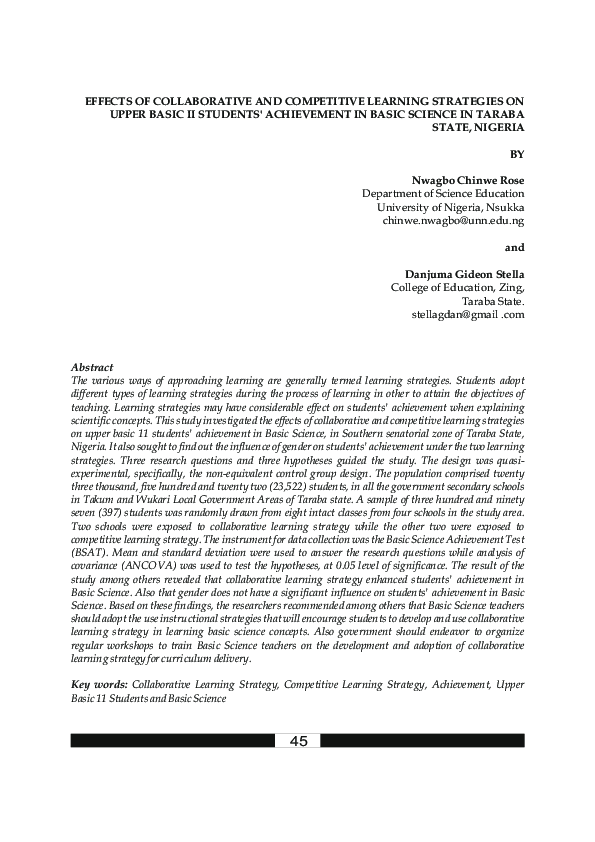 (PDF) EFFECTS OF COLLABORATIVE AND COMPETITIVE LEARNING STRATEGIES ON ...