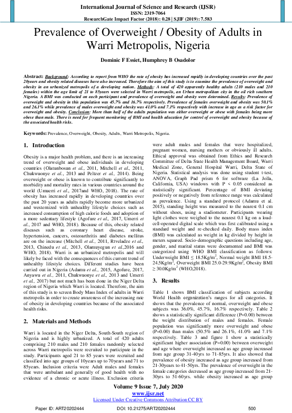 (PDF) Prevalence of Overweight / Obesity of Adults in Warri Metropolis ...