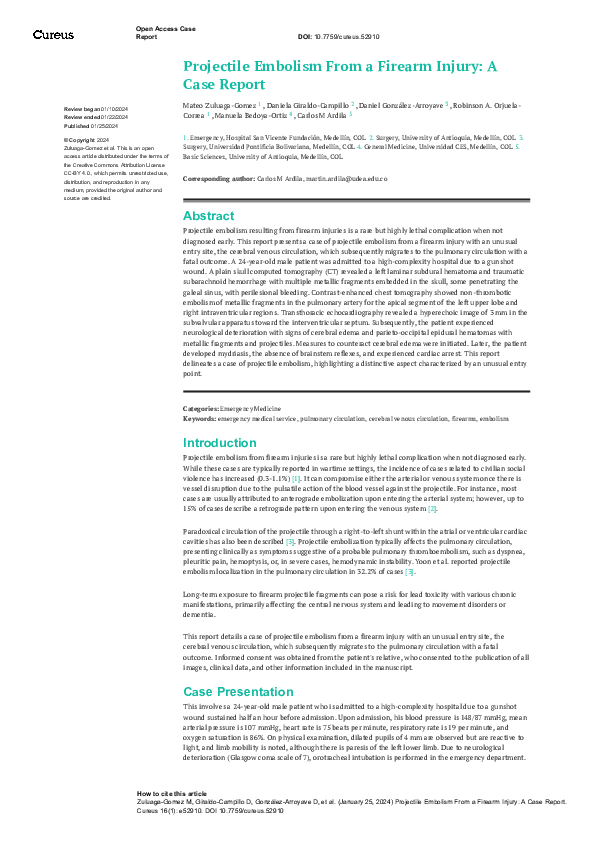 (PDF) Projectile Embolism From a Firearm Injury: A Case Report