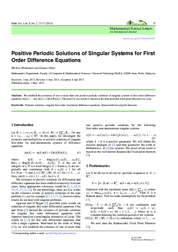 (PDF) Positive Periodic Solutions of Singular Systems for First Order ...