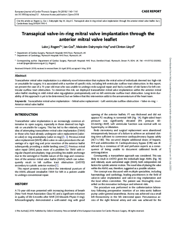 (PDF) Transapical valve-in-ring mitral valve implantation through the ...