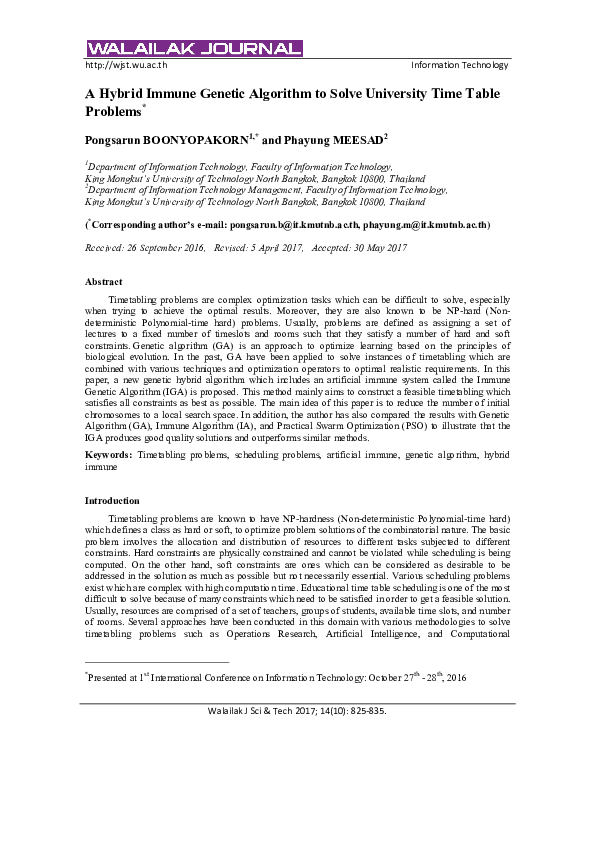 (PDF) A Hybrid Immune Genetic Algorithm to Solve University Time Table ...