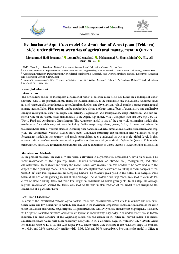 (PDF) Evaluation of AquaCrop model for simulation of Wheat plant ...
