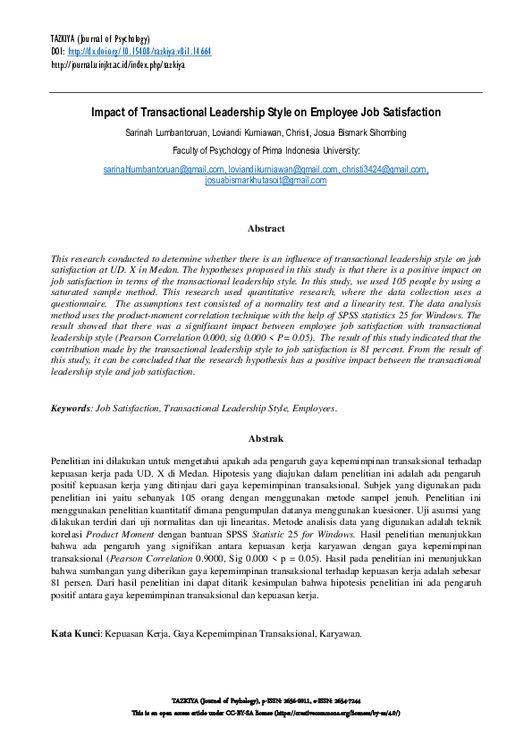 (PDF) Impact of Transactional Leadership Style on Employee Job Satisfaction