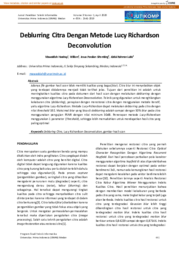 (PDF) Deblurring Citra Dengan Metode Lucy Richardson Deconvolution