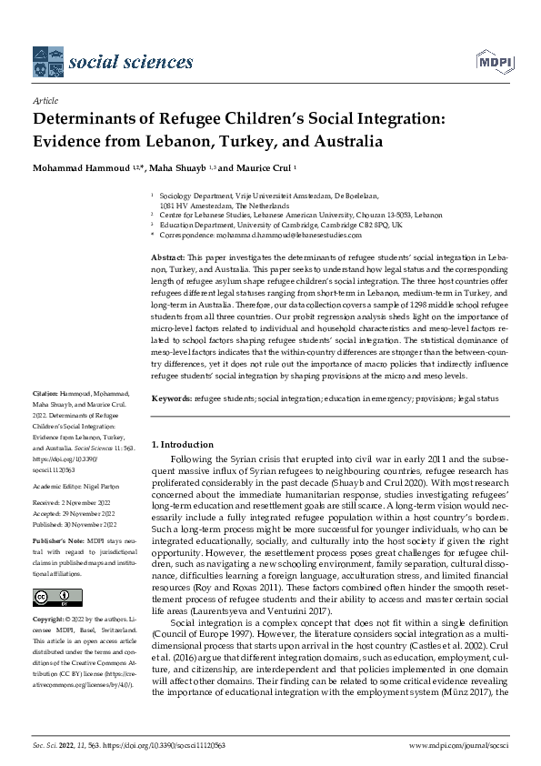 (PDF) Determinants of Refugee Children’s Social Integration: Evidence ...