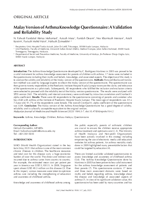 (PDF) Malay Version of Asthma Knowledge Questionnaire: A Validation and ...