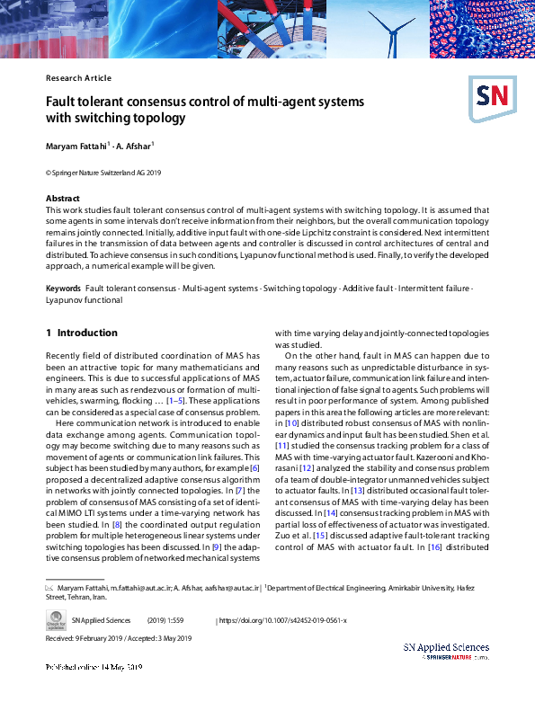 (PDF) Fault tolerant consensus control of multi-agent systems with ...