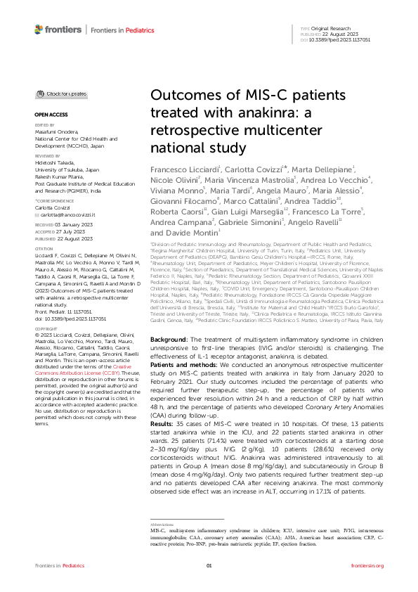 (PDF) Outcomes of MIS-C patients treated with anakinra: a retrospective ...