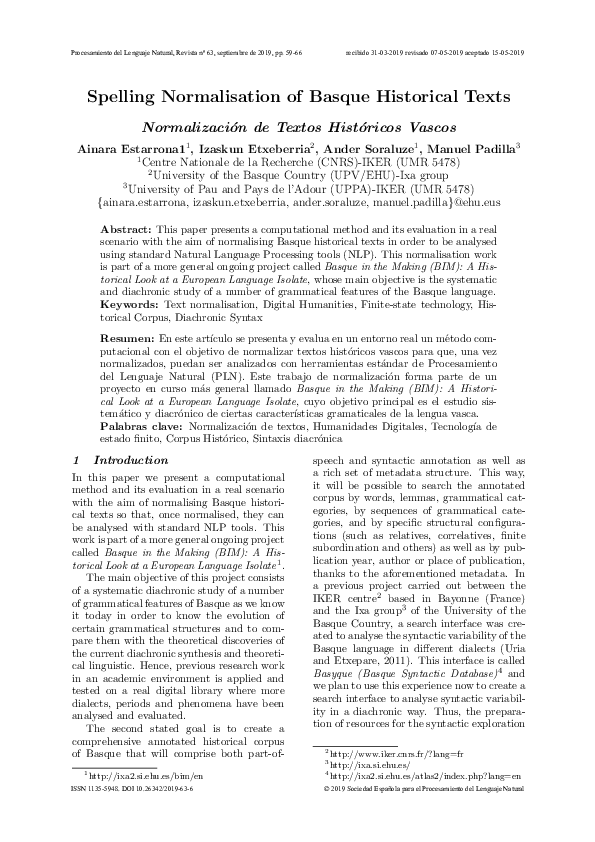 (PDF) Spelling Normalisation of Basque Historical Texts