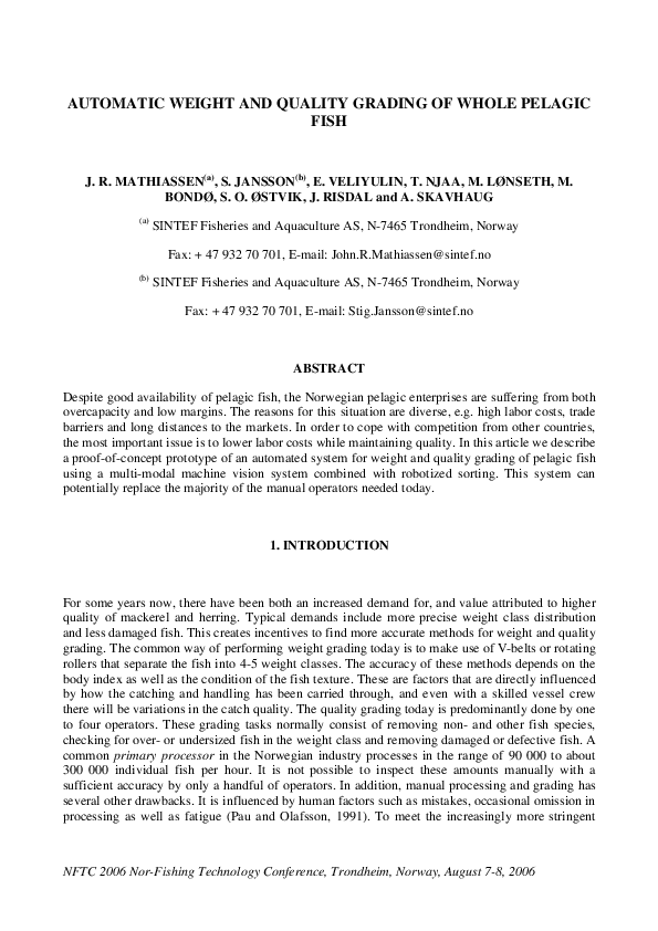 (PDF) Automatic Weight and Quality Grading of Whole Pelagic Fish