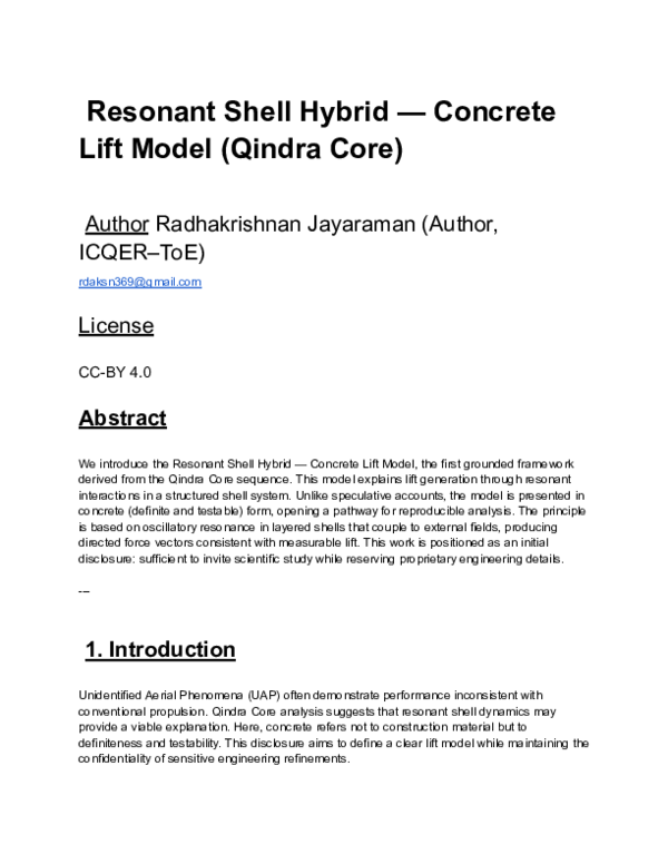 (PDF) Resonant Shell Hybrid -Concrete Lift Model (Qindra Core