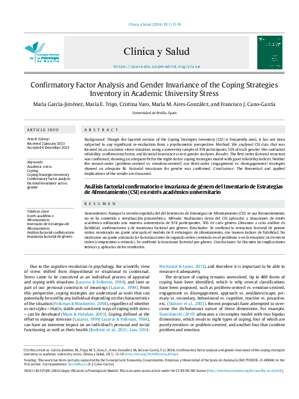 (PDF) Confirmatory Factor Analysis and Gender Invariance of the Coping ...