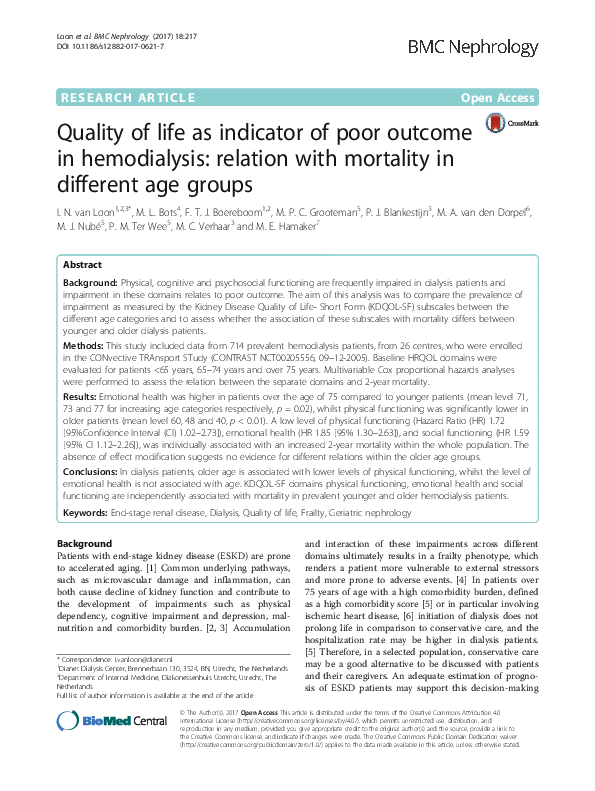 (PDF) Quality of life as indicator of poor outcome in hemodialysis ...