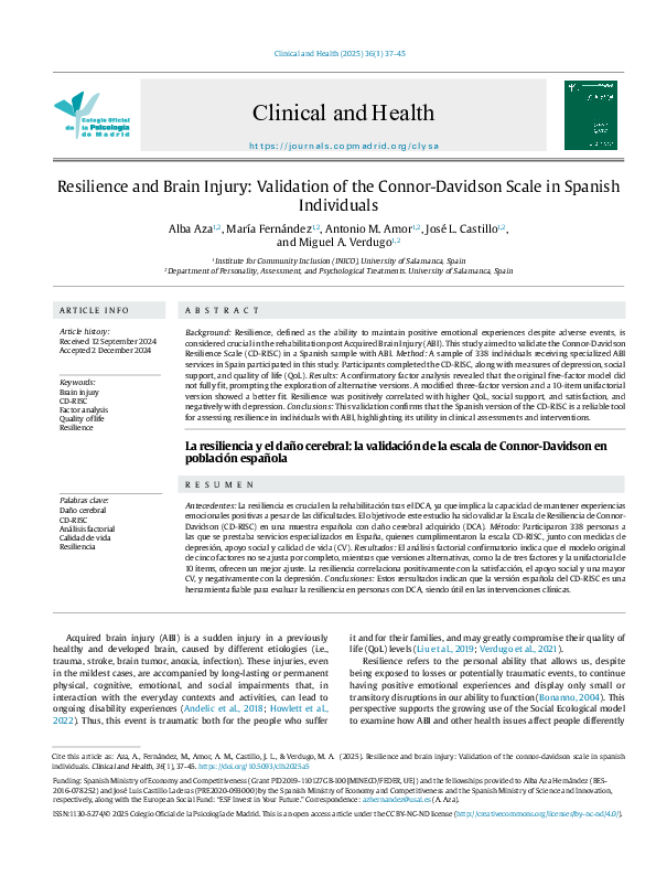 (PDF) Resilience and Brain Injury: Validation of the Connor-Davidson ...